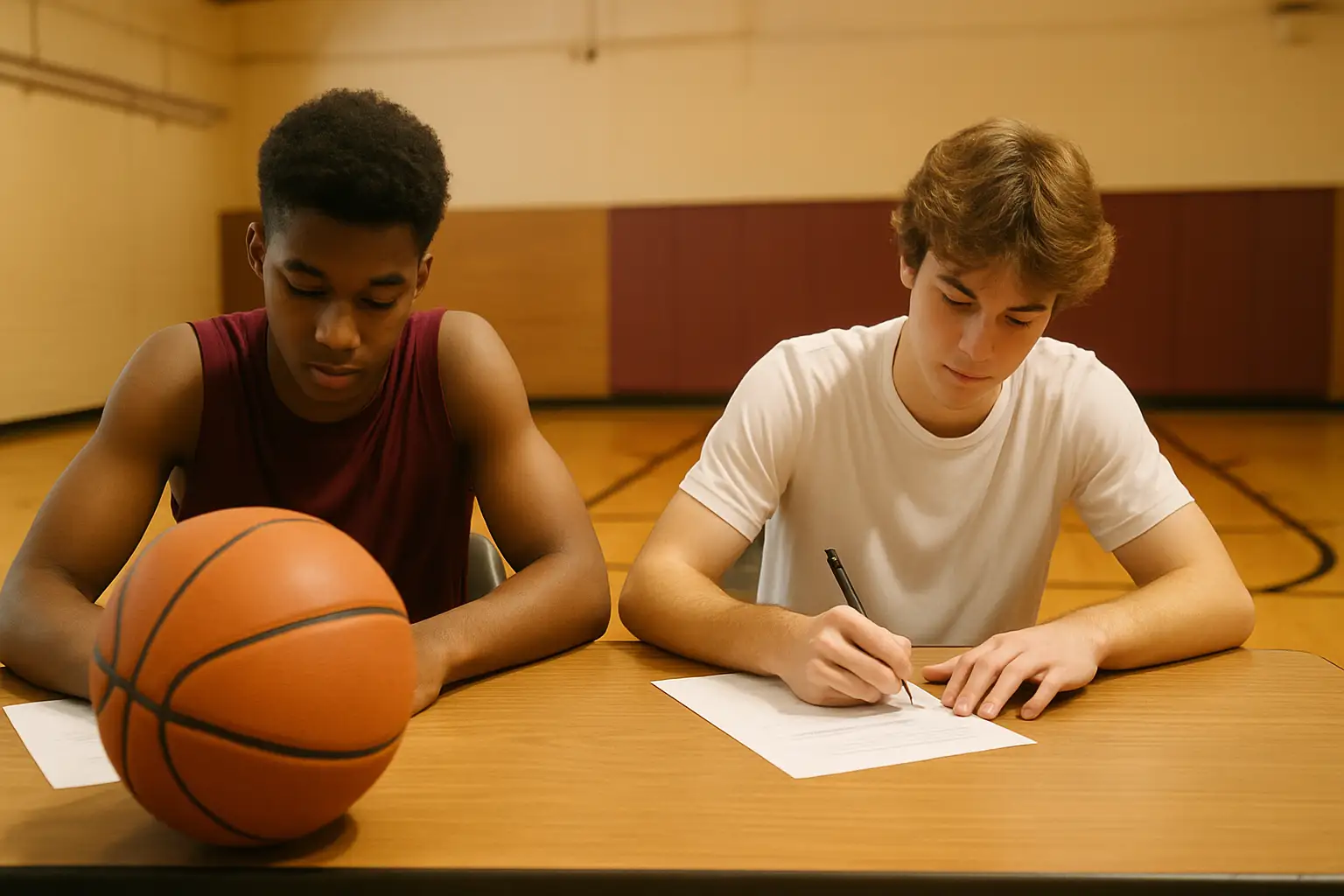 Two basketball players signing letters of intent at a table with a basketball in the foreground