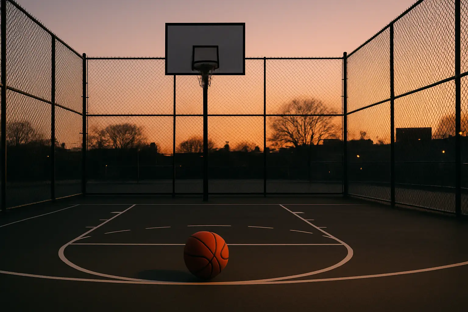 An empty outdoor basketball court in an urban neighborhood at dusk, with a lone basketball resting near the free-throw line