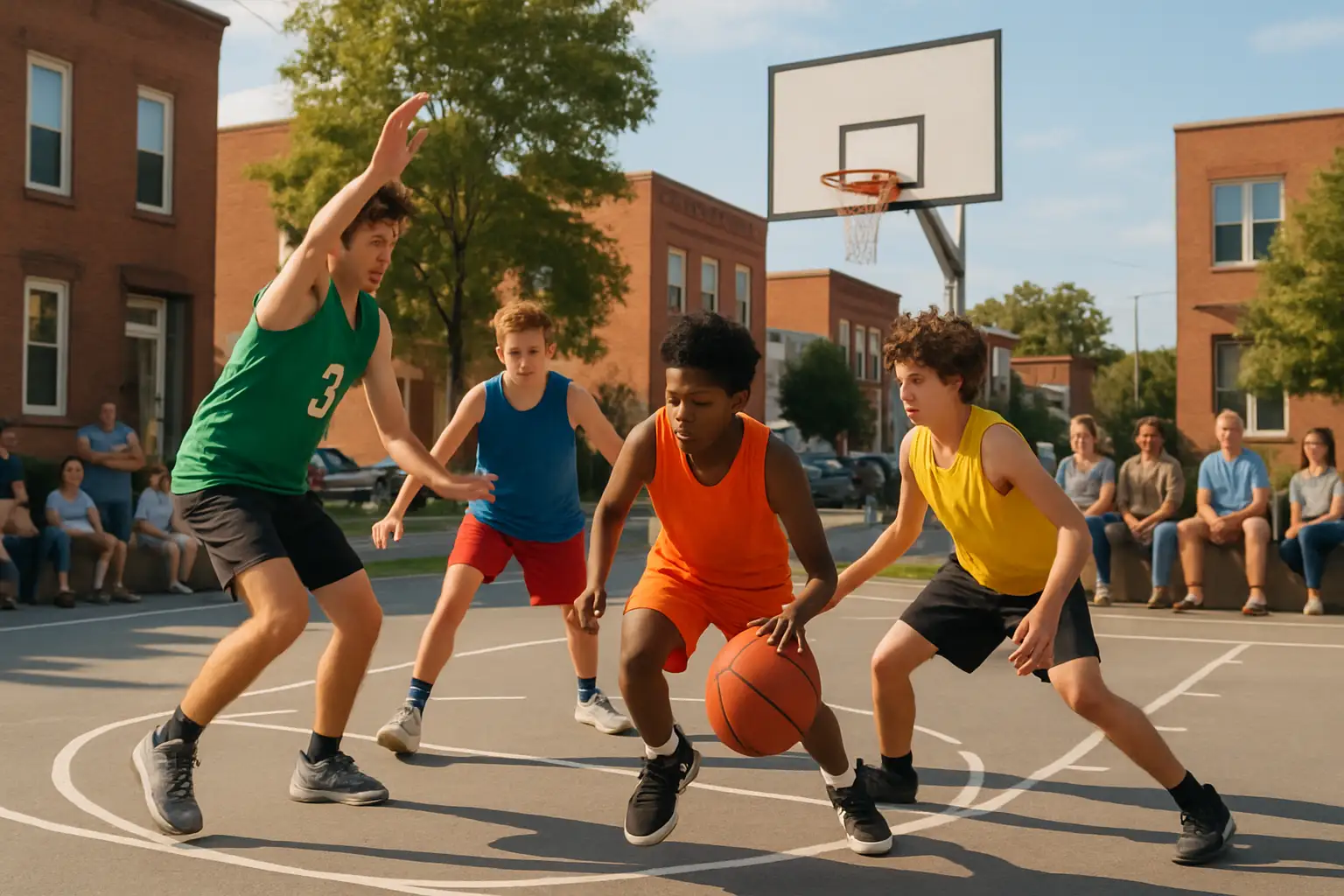 Young basketball players competing in an outdoor tournament while police officers watch from the sideline
