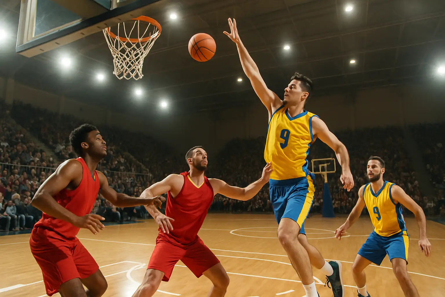 Basketball players on an indoor court during a competitive game in New South Wales