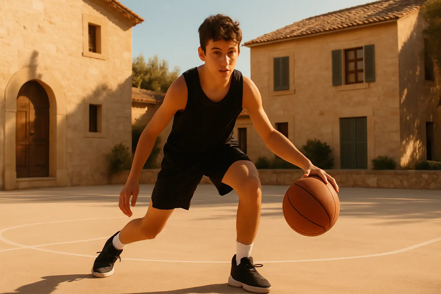 Basketball player dribbling on an outdoor court with European architecture in the background