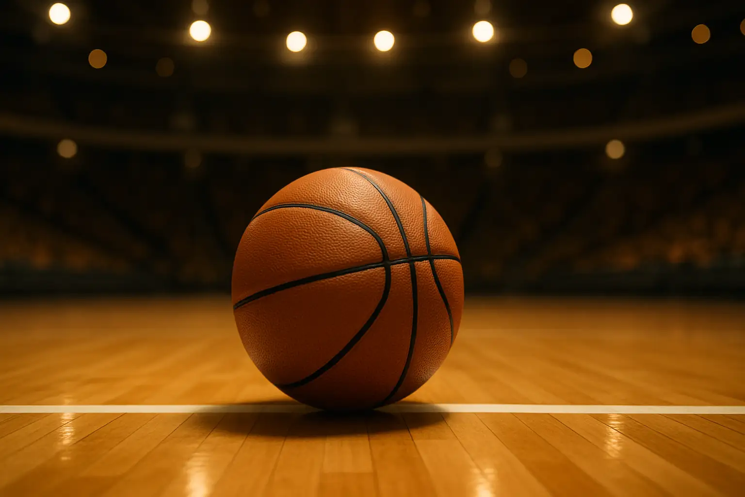 A basketball on a hardwood court inside a college arena with empty seats in the background