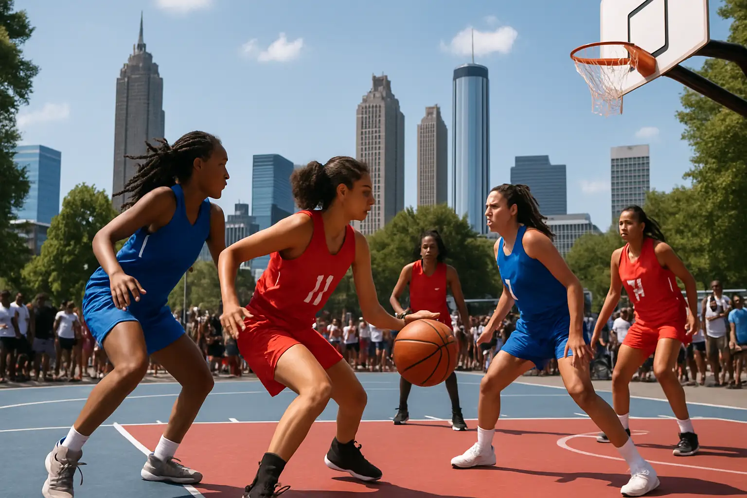 Young women playing basketball at an outdoor summer tournament with tech and sports branding in the background