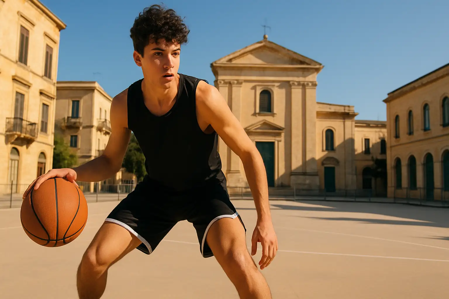 Basketball player dribbling on an outdoor court with a European cityscape in the background