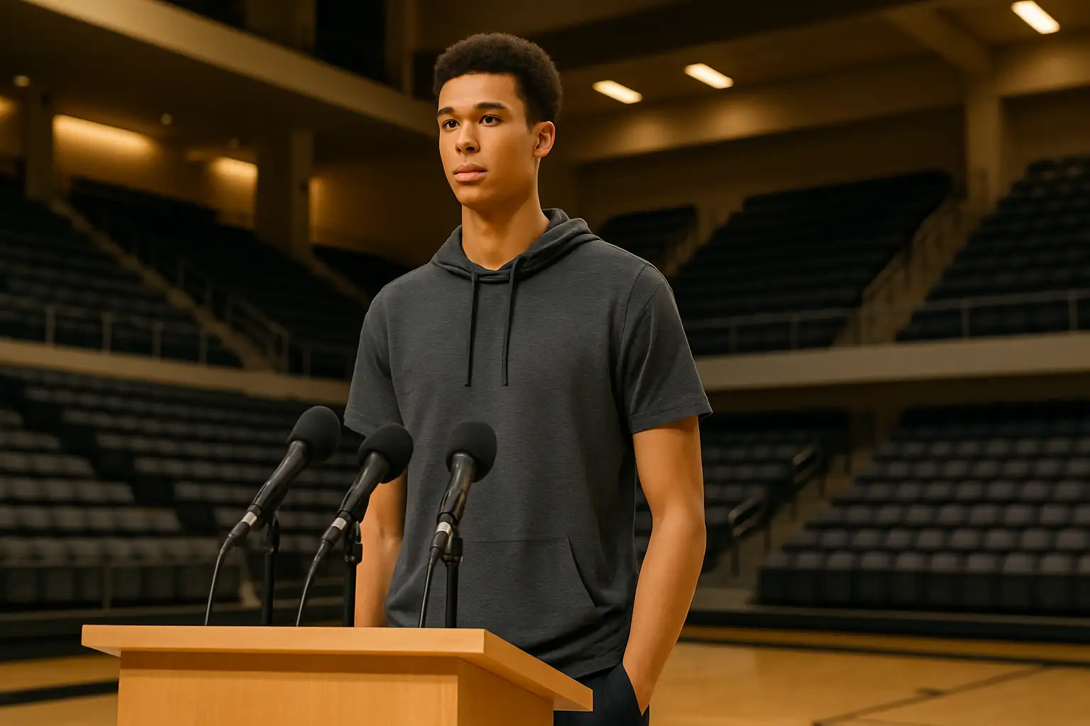 A college basketball player standing at a podium in a university sports facility during a press conference