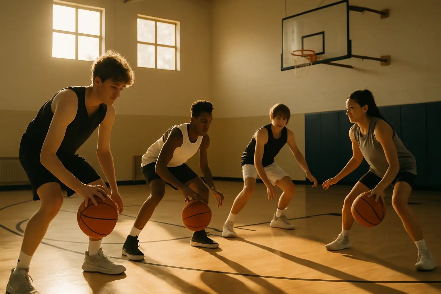 High school basketball players running drills in a gym during summer training