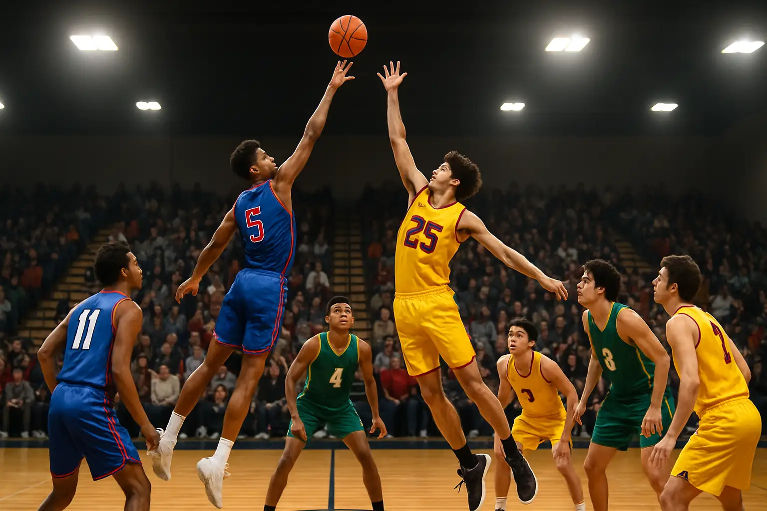 High school basketball players competing on an indoor court during a division rivalry game
