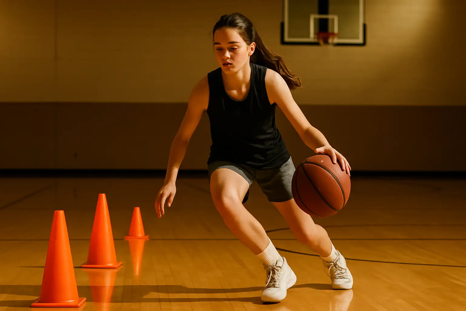 High school girls basketball player practicing dribbling drills in a gym