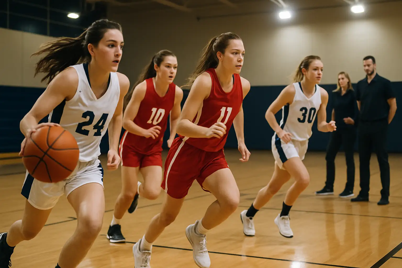 High school girls basketball players running a fast break drill in a gymnasium