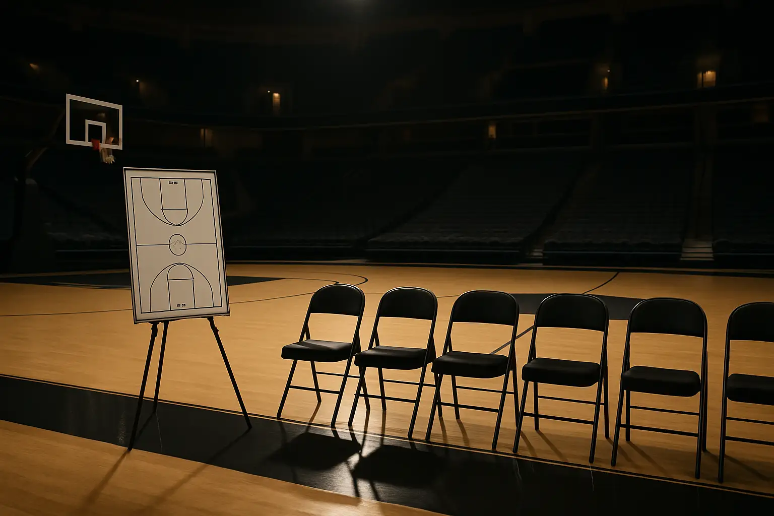 Empty college basketball court with coaching clipboard and chairs on the sideline