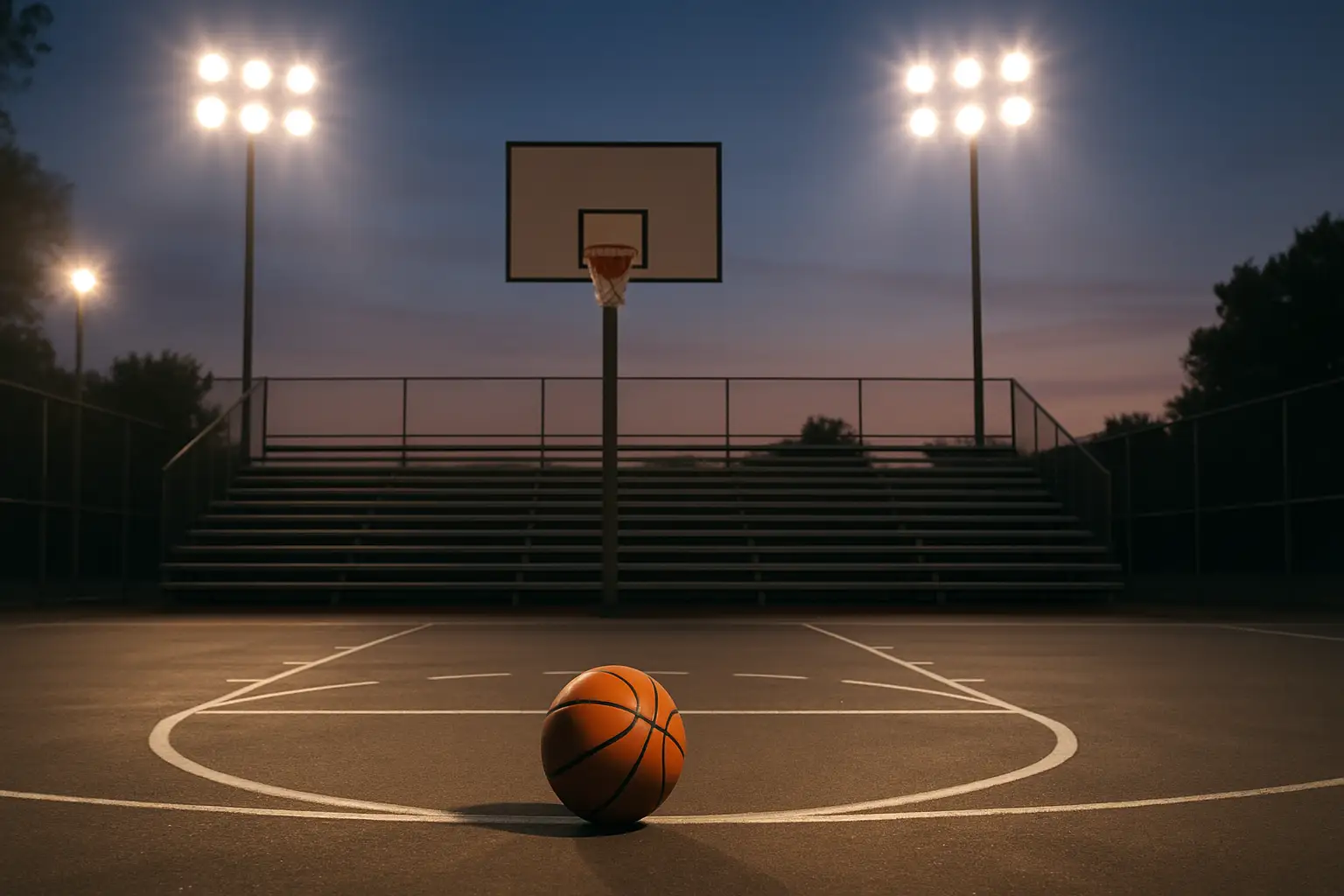 A basketball sitting at center court on an outdoor half-court with stadium lights in the background