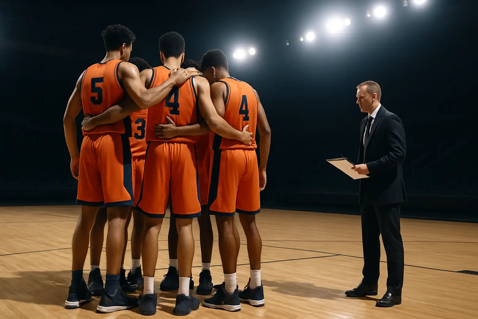 Illinois Illini basketball players gathered on a college court during an early practice session
