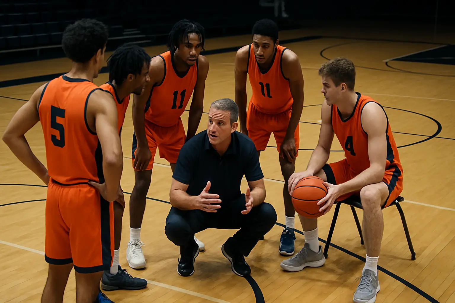 Illinois Illini basketball players in orange and blue uniforms during a team practice session