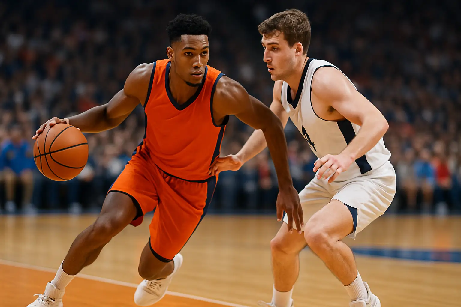 Illinois basketball player dribbling during a college game