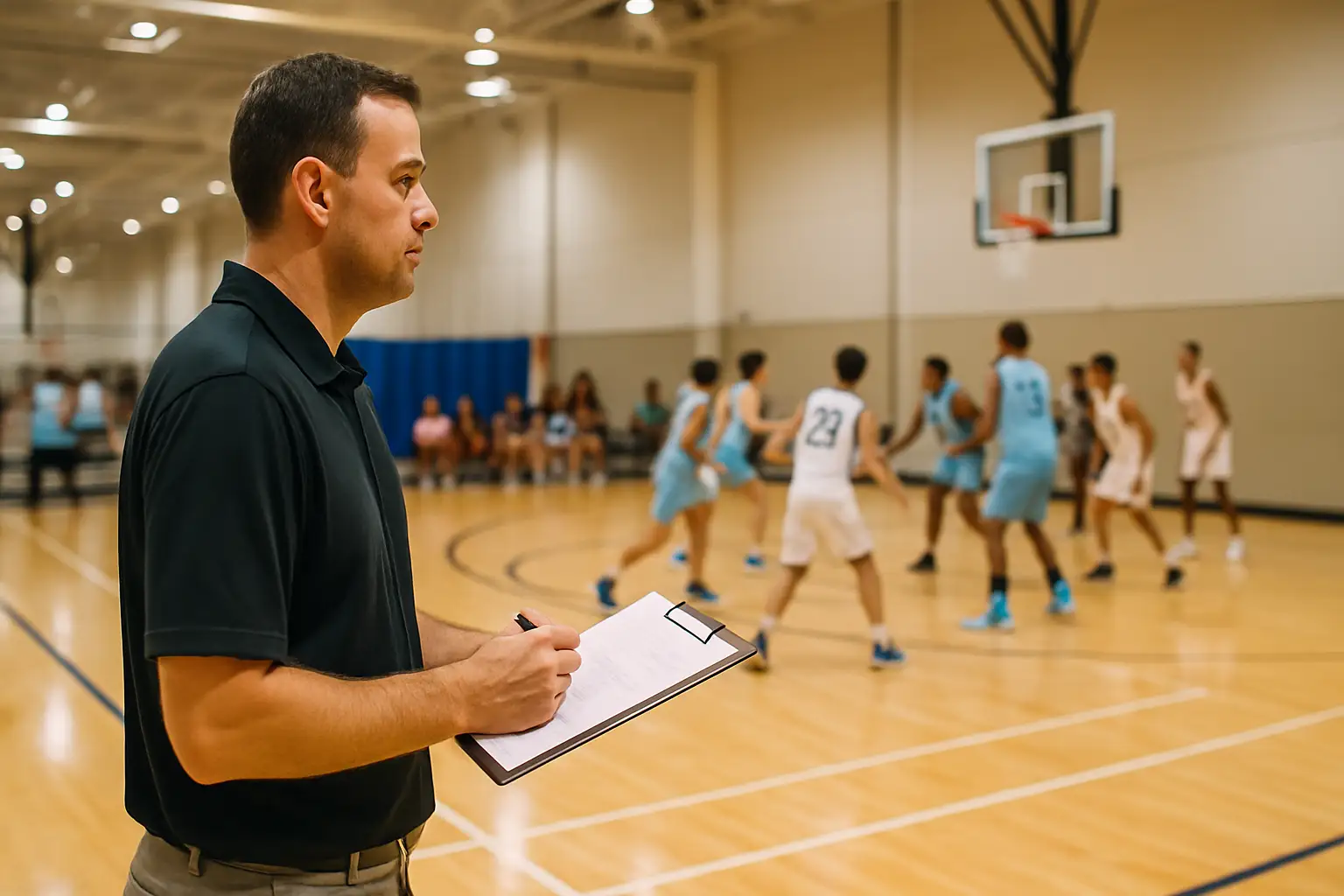 Basketball coach watching a summer recruitment showcase event from the sideline