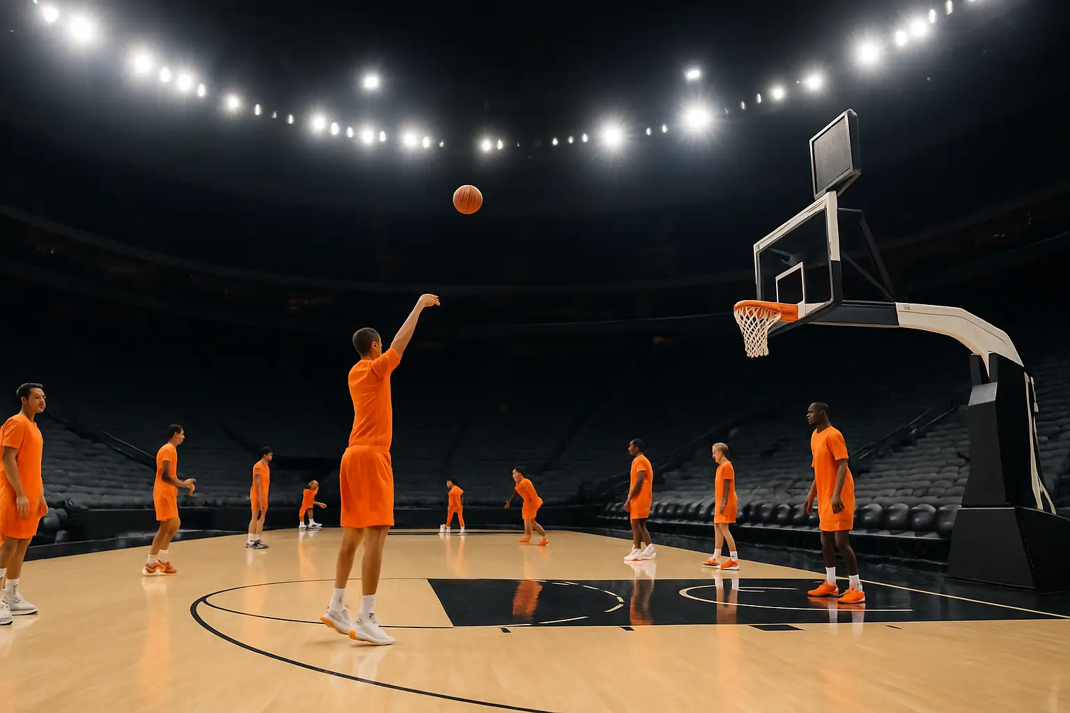 Illinois Illini basketball players warming up on a college court before a nonconference game