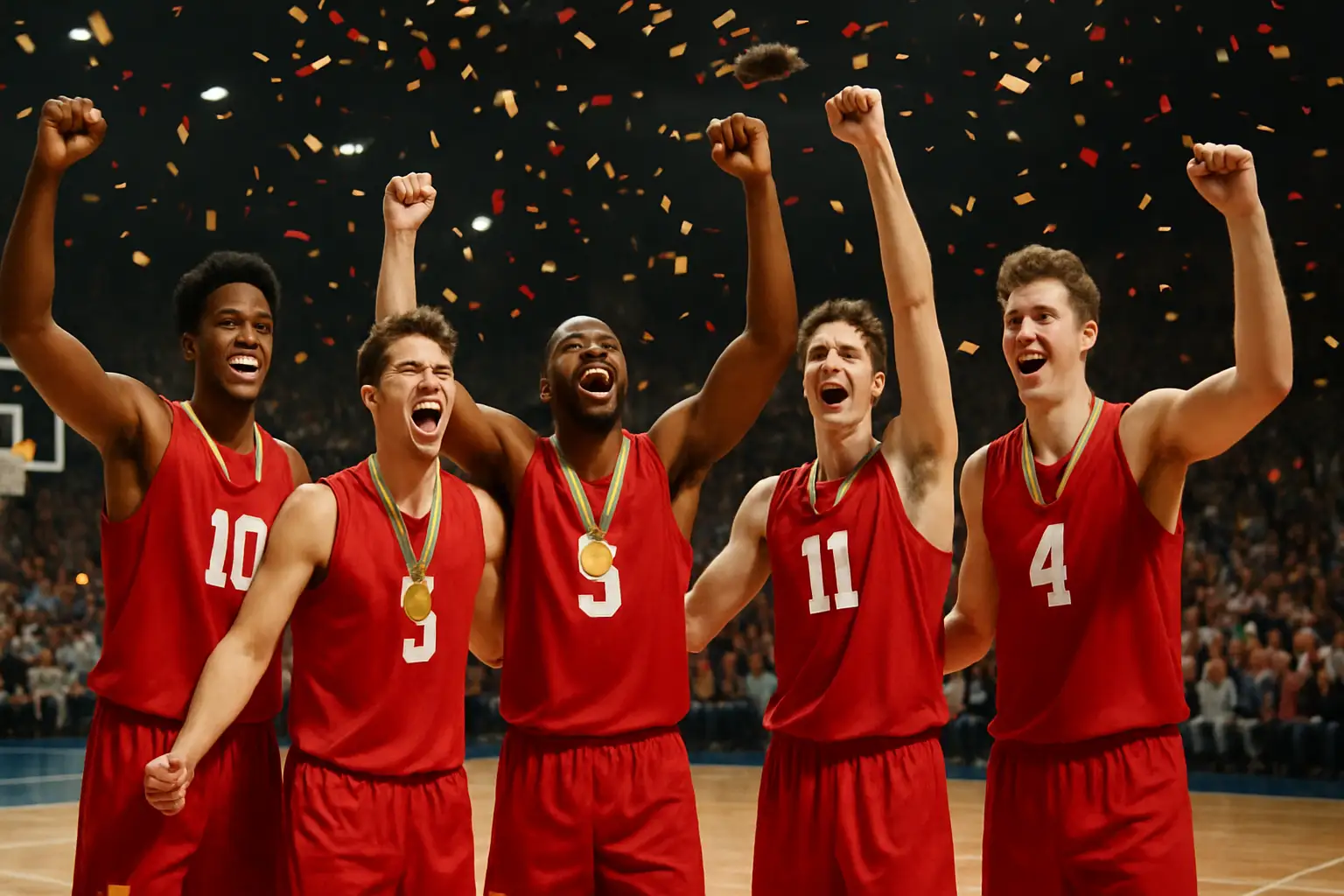 Indiana basketball players celebrating a gold medal win during an international tournament