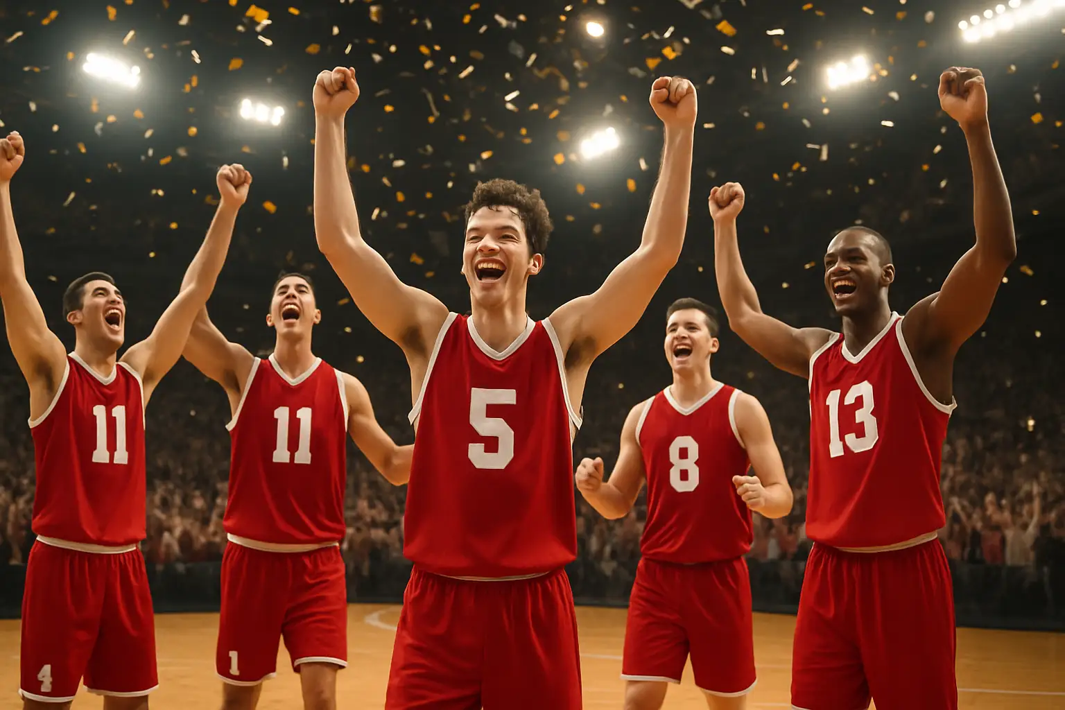 Indiana University men's basketball players celebrating on the court after advancing to a gold medal game