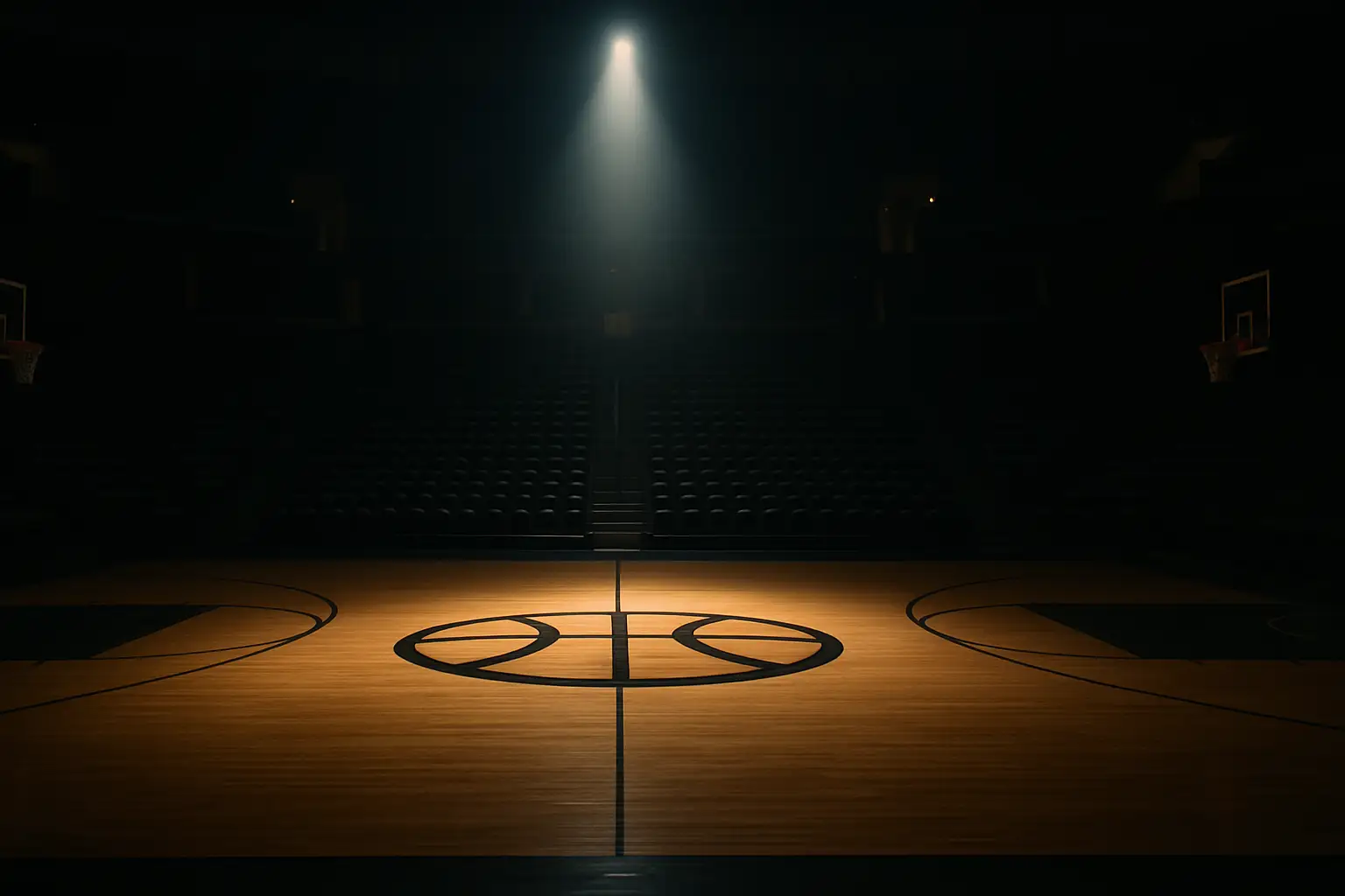 A basketball court with a spotlight illuminating the free-throw line inside an empty arena