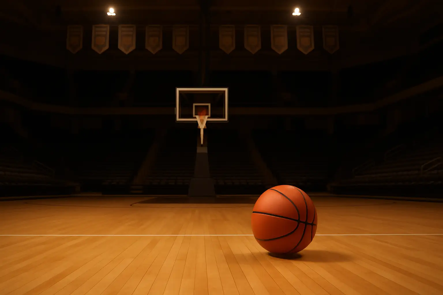 A basketball resting on a hardwood court near a free-throw line in an empty arena