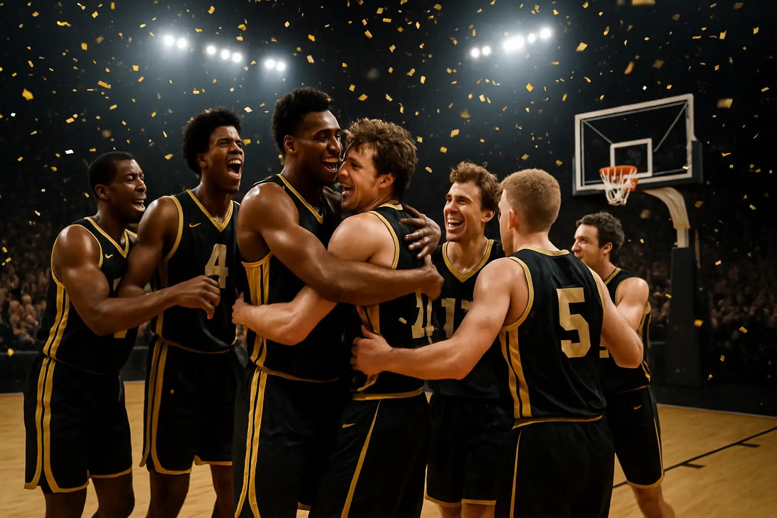Iowa Hawkeyes basketball players celebrating on the court after a tournament win