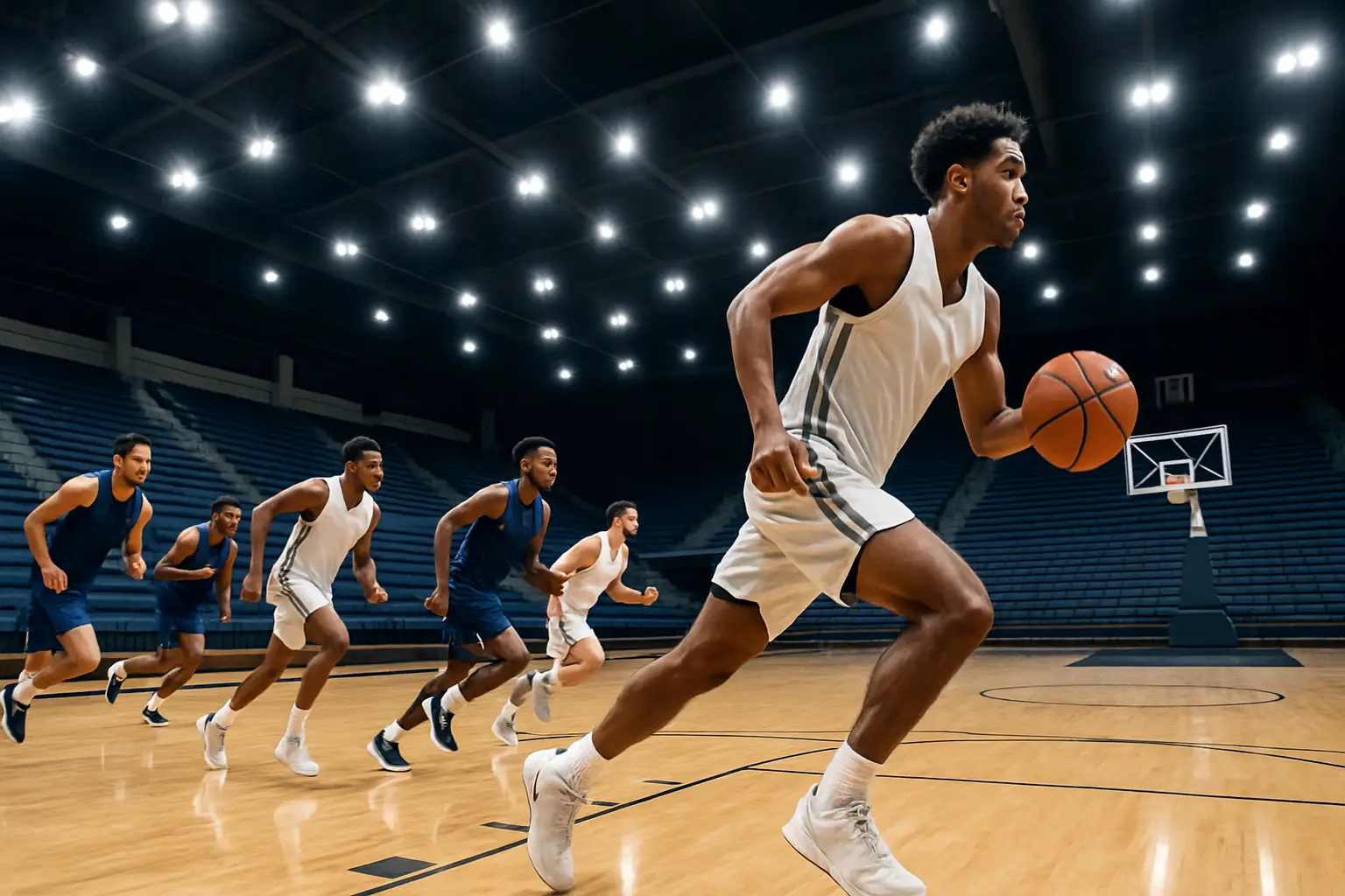 Iowa Hawkeyes basketball players running drills during summer practice in an indoor arena