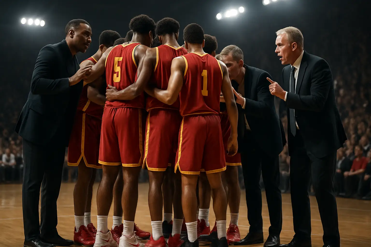 Iowa State basketball players in a huddle during a Big 12 conference game