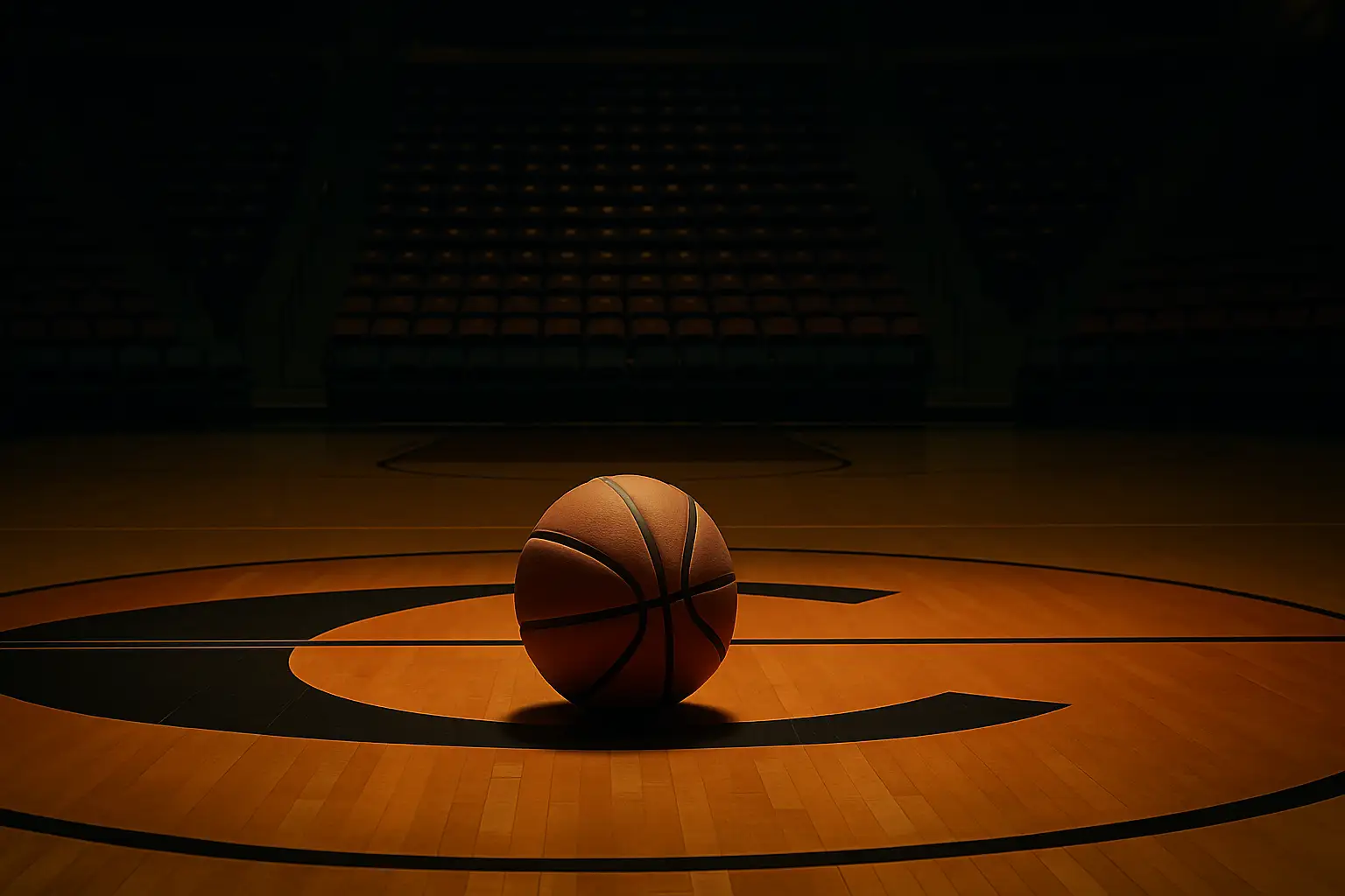 A basketball resting on a hardwood court inside an empty college arena