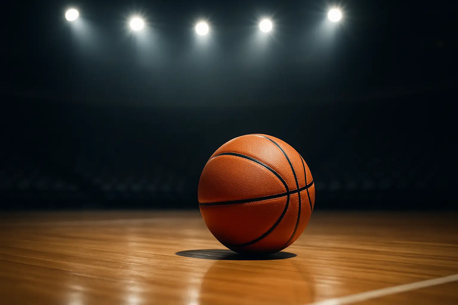 Basketball sitting on a hardwood court near the three-point line with arena lights overhead