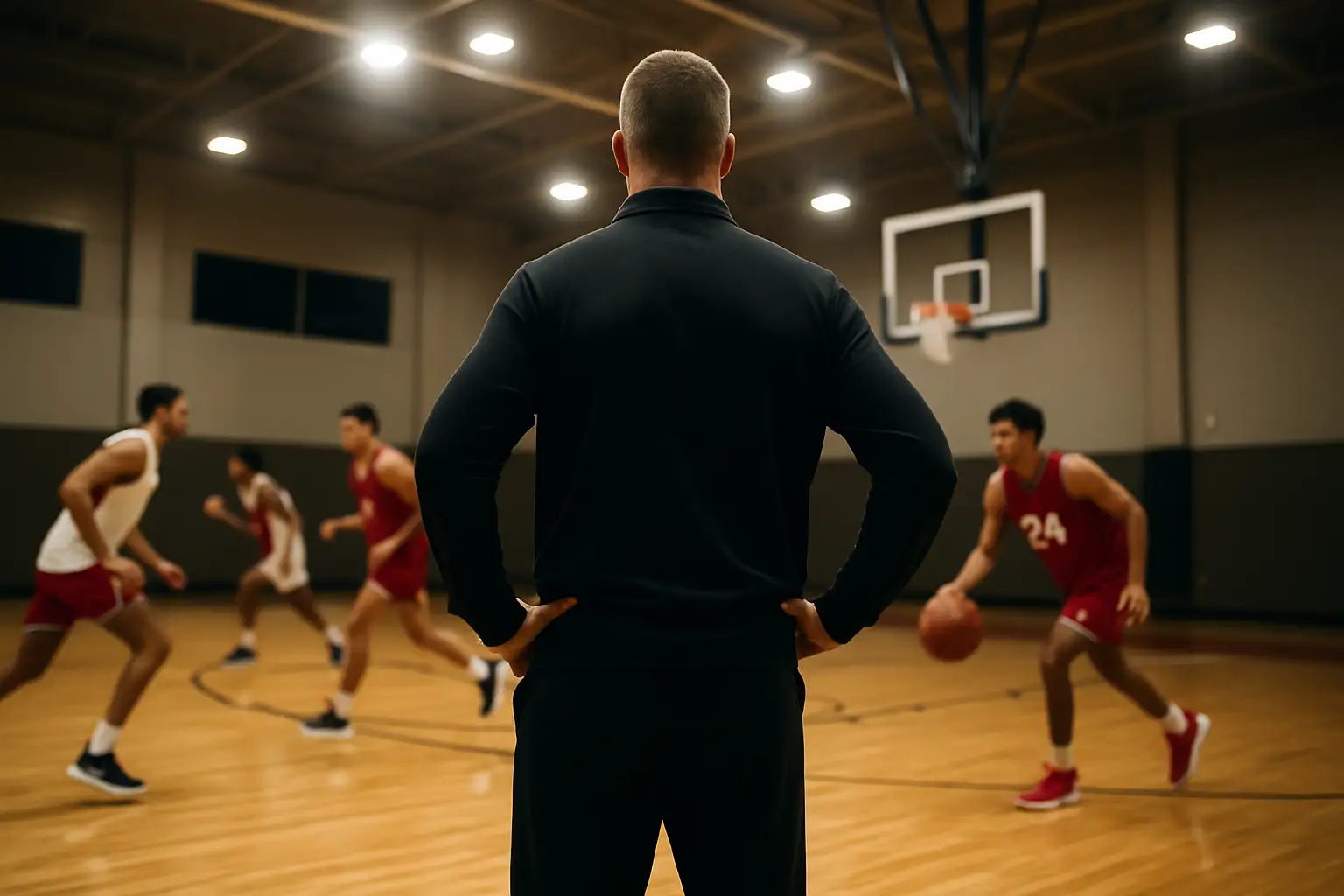 Iowa State basketball players practicing on an indoor court with a coach observing