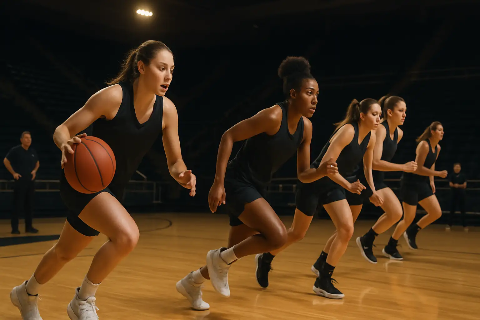 Iowa women's basketball players practicing on an indoor court in preparation for an international trip