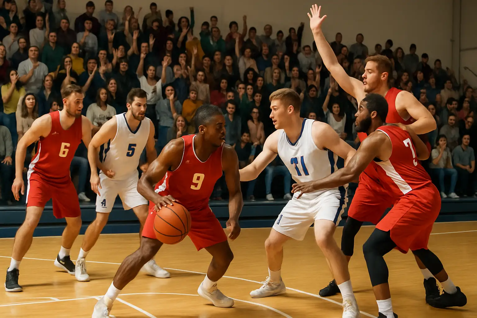 Police officers and firefighters facing off on an indoor basketball court during a charity game