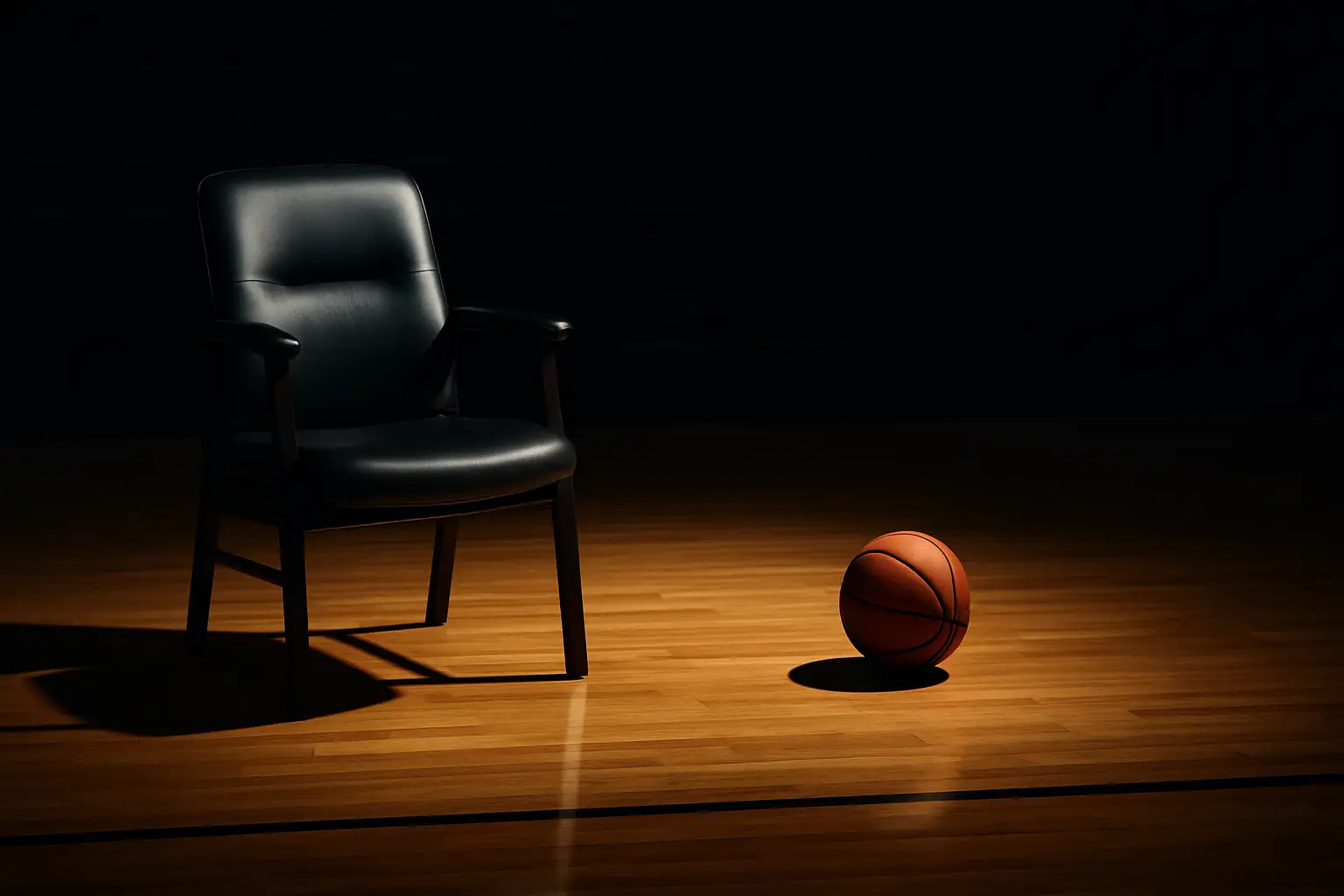 A basketball court with an empty coach's chair and a basketball resting at center court under arena lighting