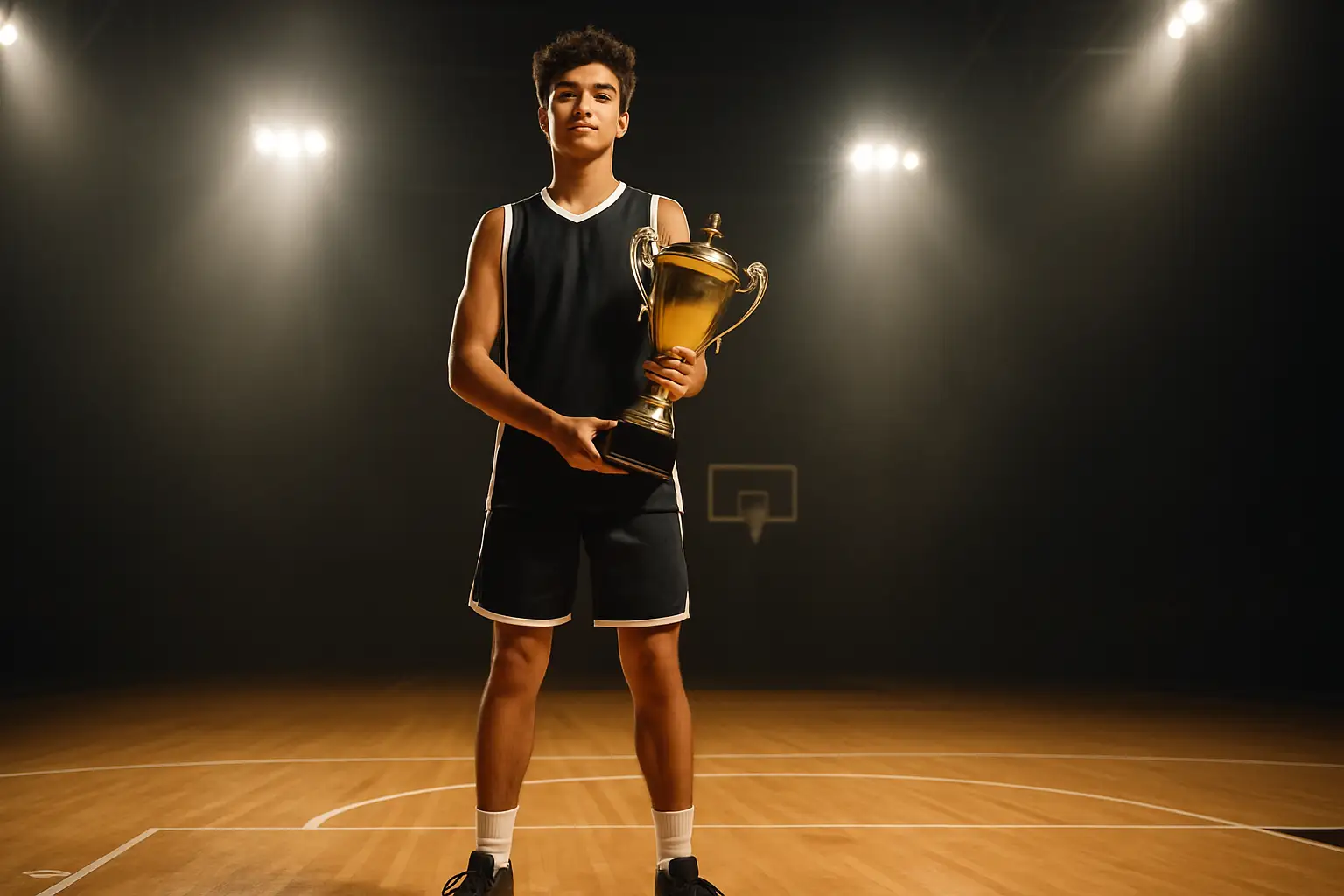 Young basketball player holding a trophy on an indoor court with bright arena lighting