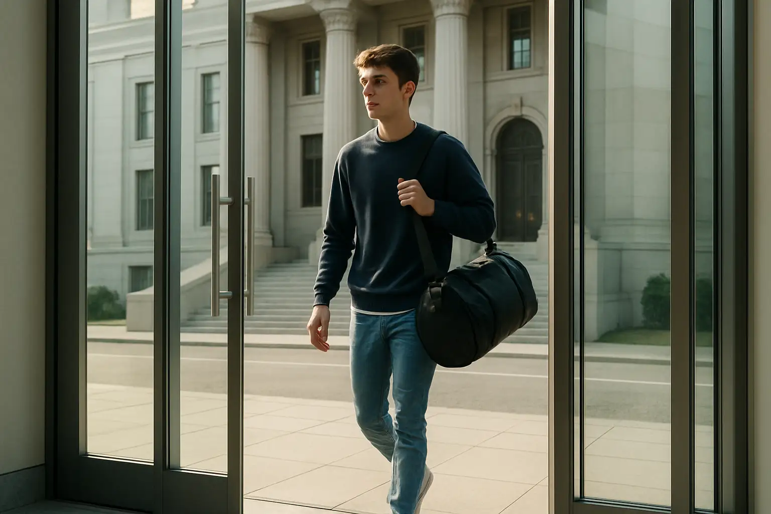 A college basketball player walking through a courthouse entrance with a gym bag over his shoulder