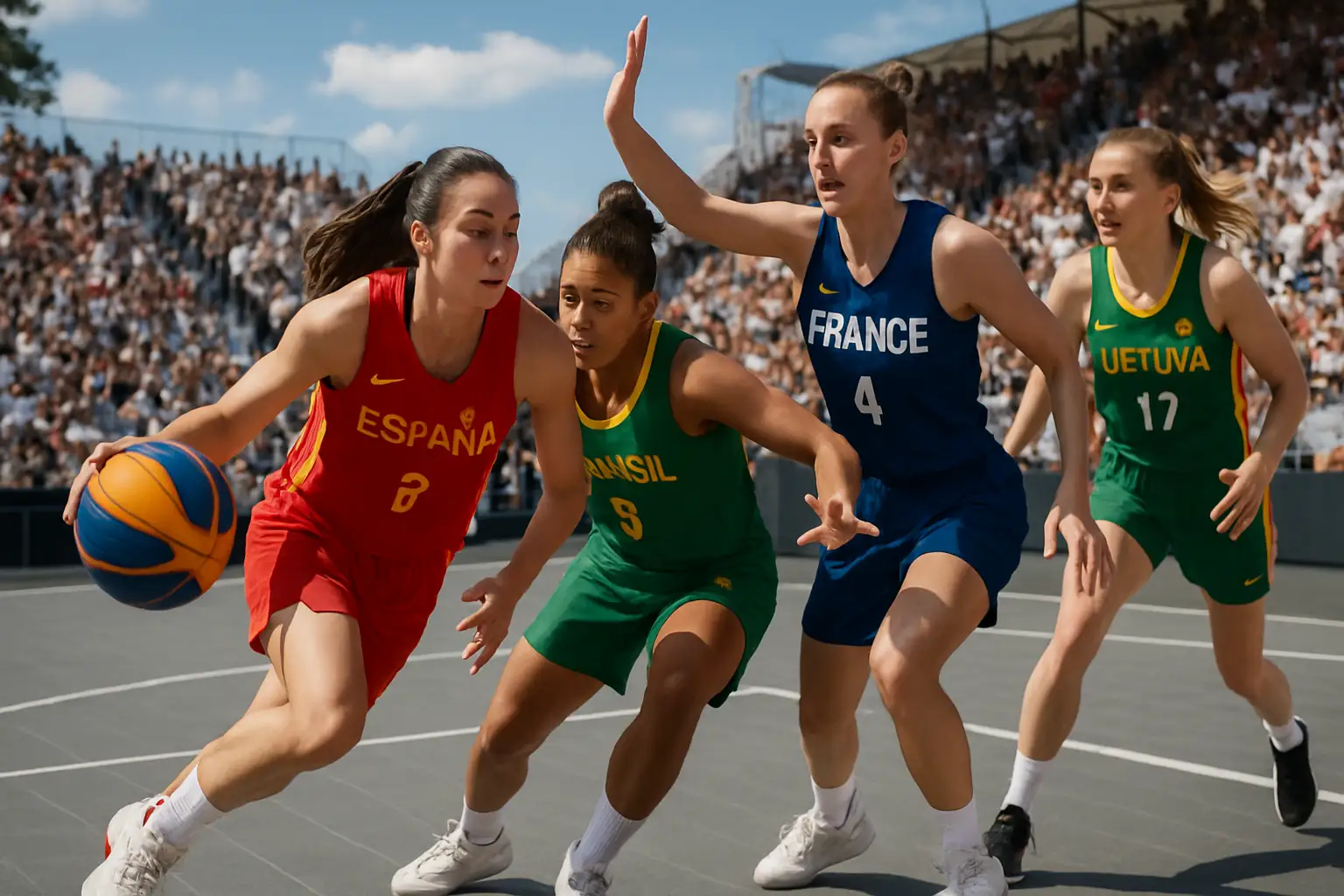 Women's 3x3 basketball players competing on an outdoor court at a major multi-sport games