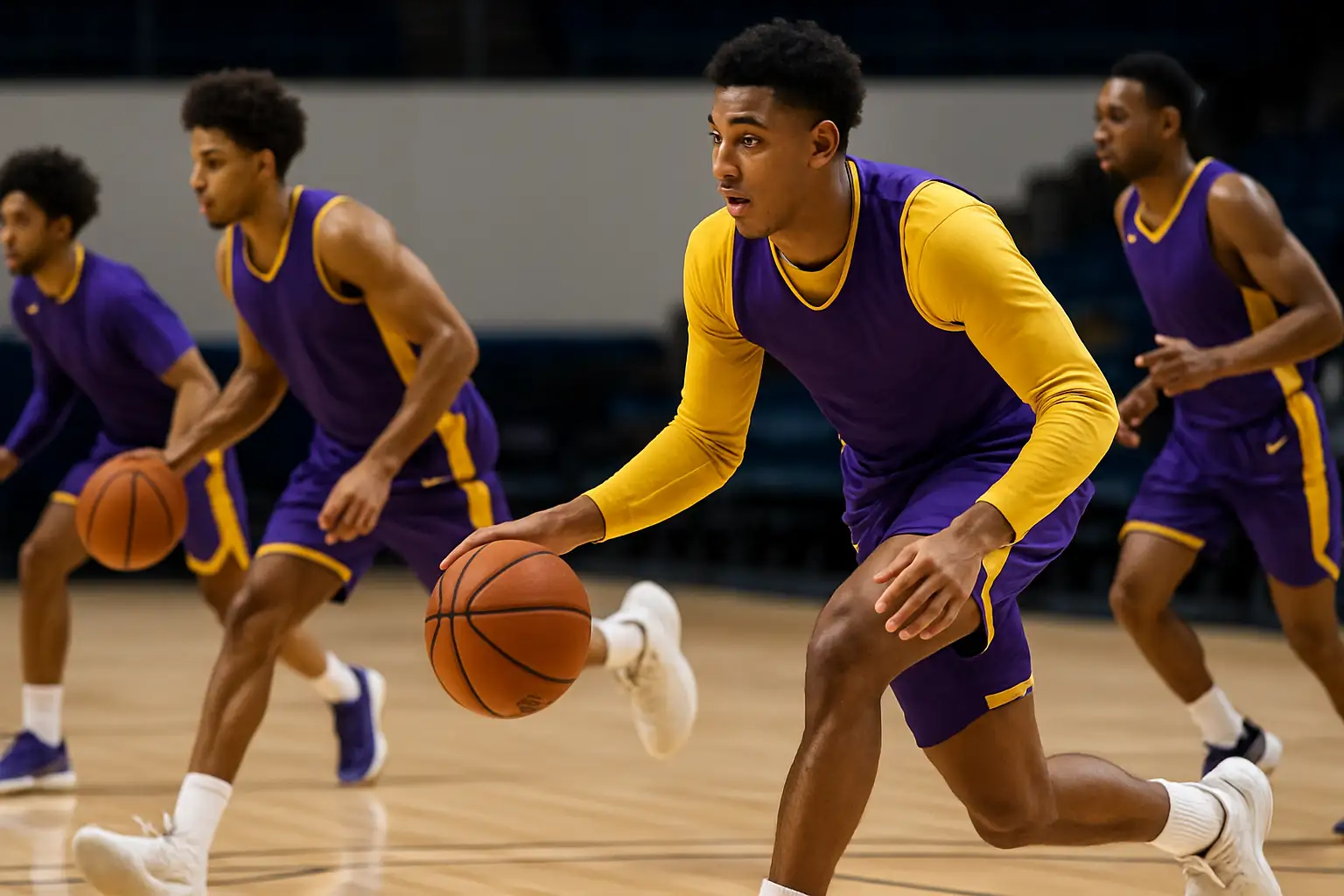 James Madison Dukes basketball players warming up on the court before a game