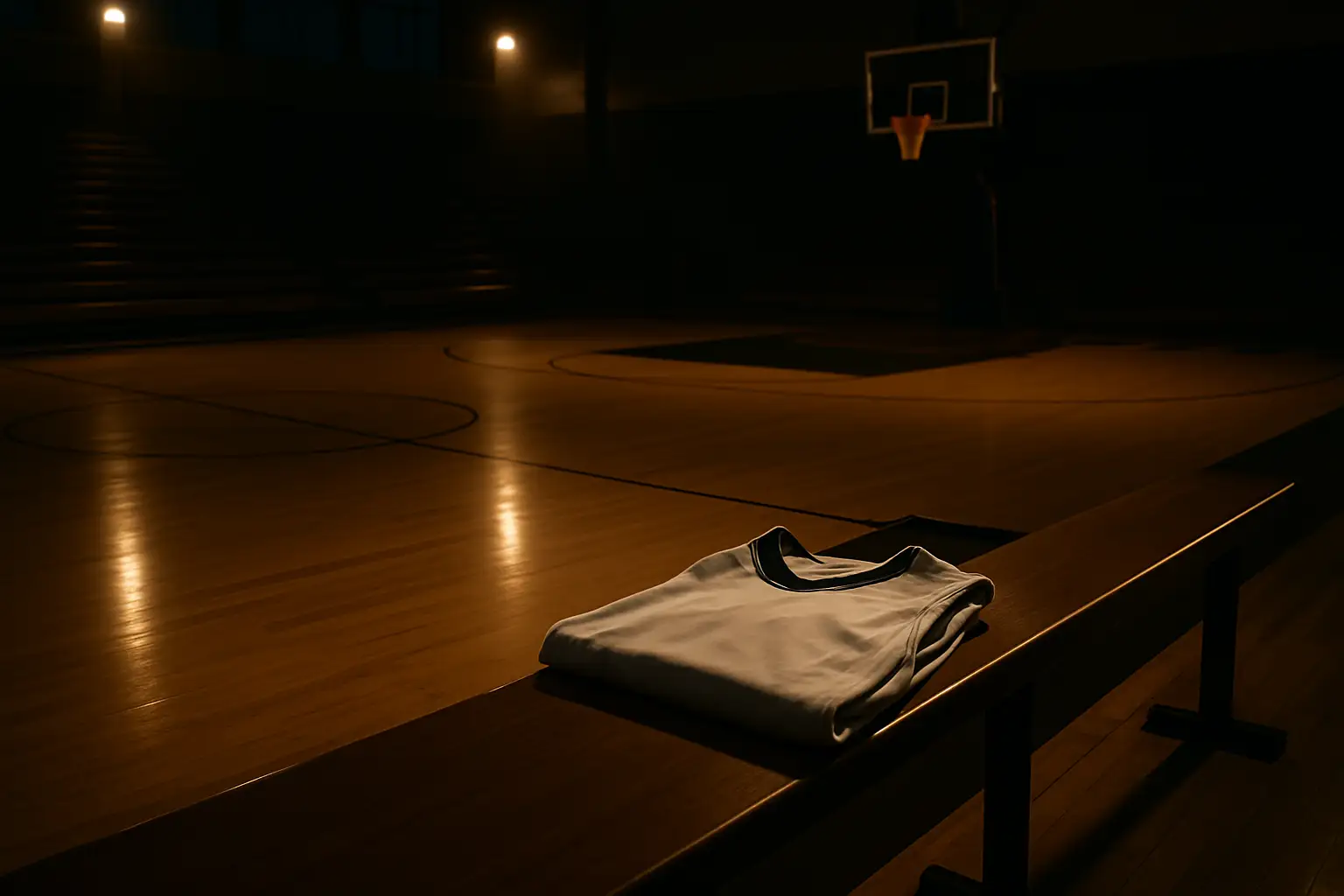 A college basketball court with a Jayhawks-themed jersey draped over a courtside chair, symbolizing a player departure