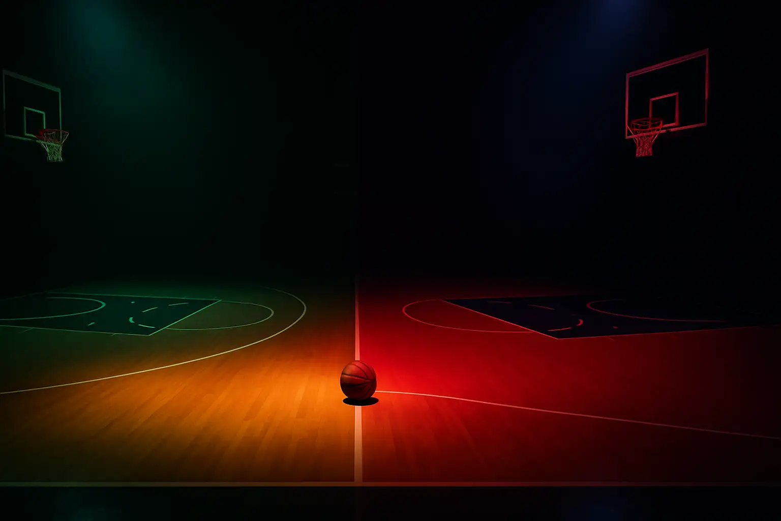 Basketball court with team jerseys representing a major player trade between two NBA franchises