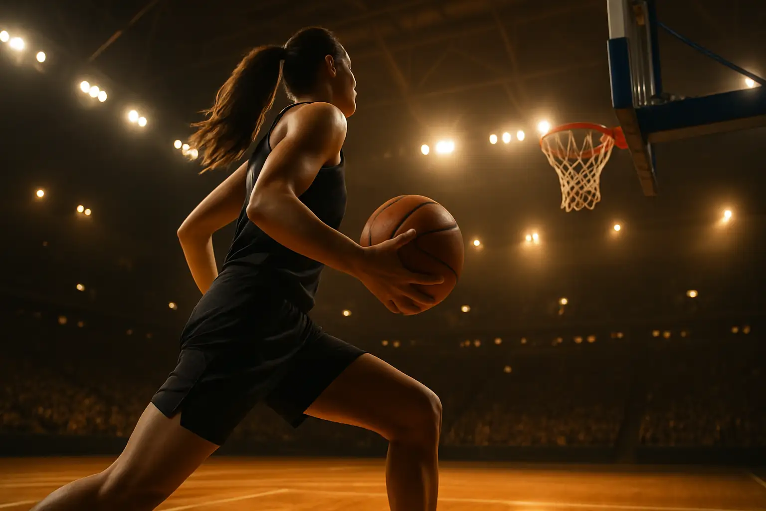 A women's basketball player driving toward the basket in an arena setting