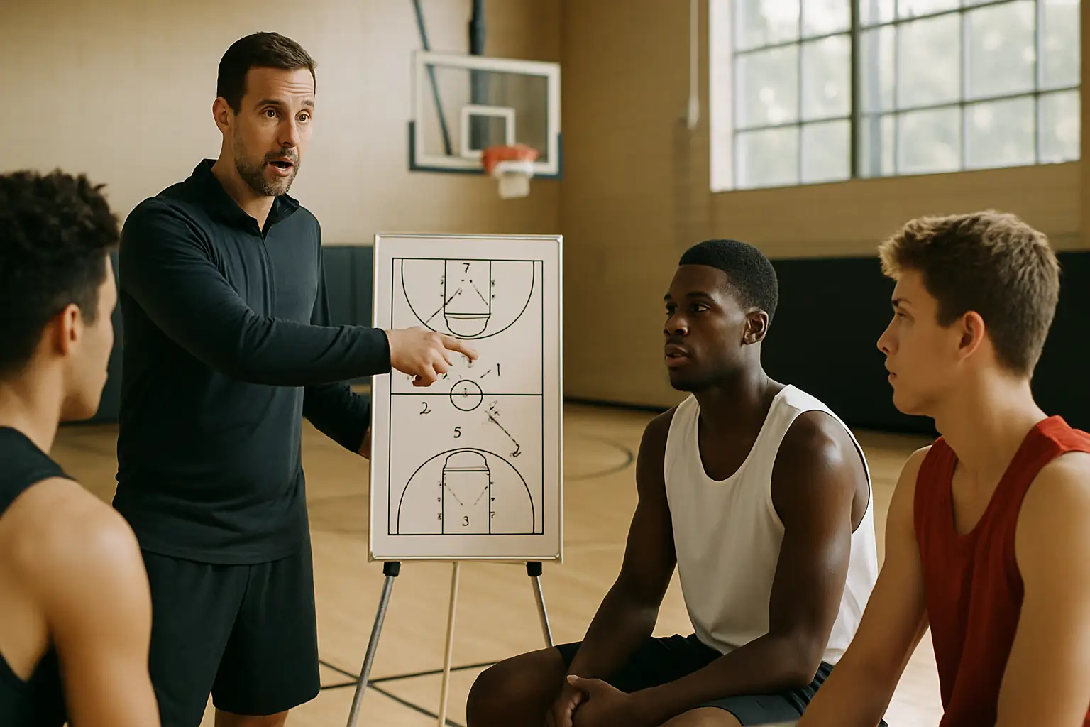 Basketball coach speaking to players in a gym during an offseason practice session
