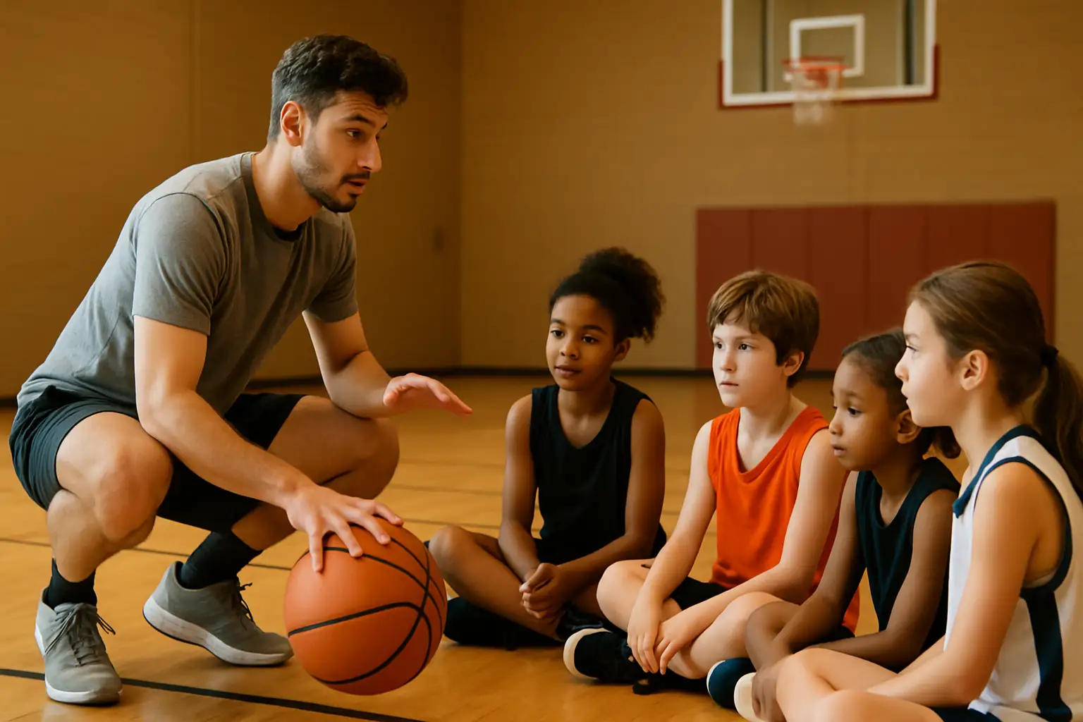 A basketball player coaching youth athletes on an indoor court in a small-city gymnasium
