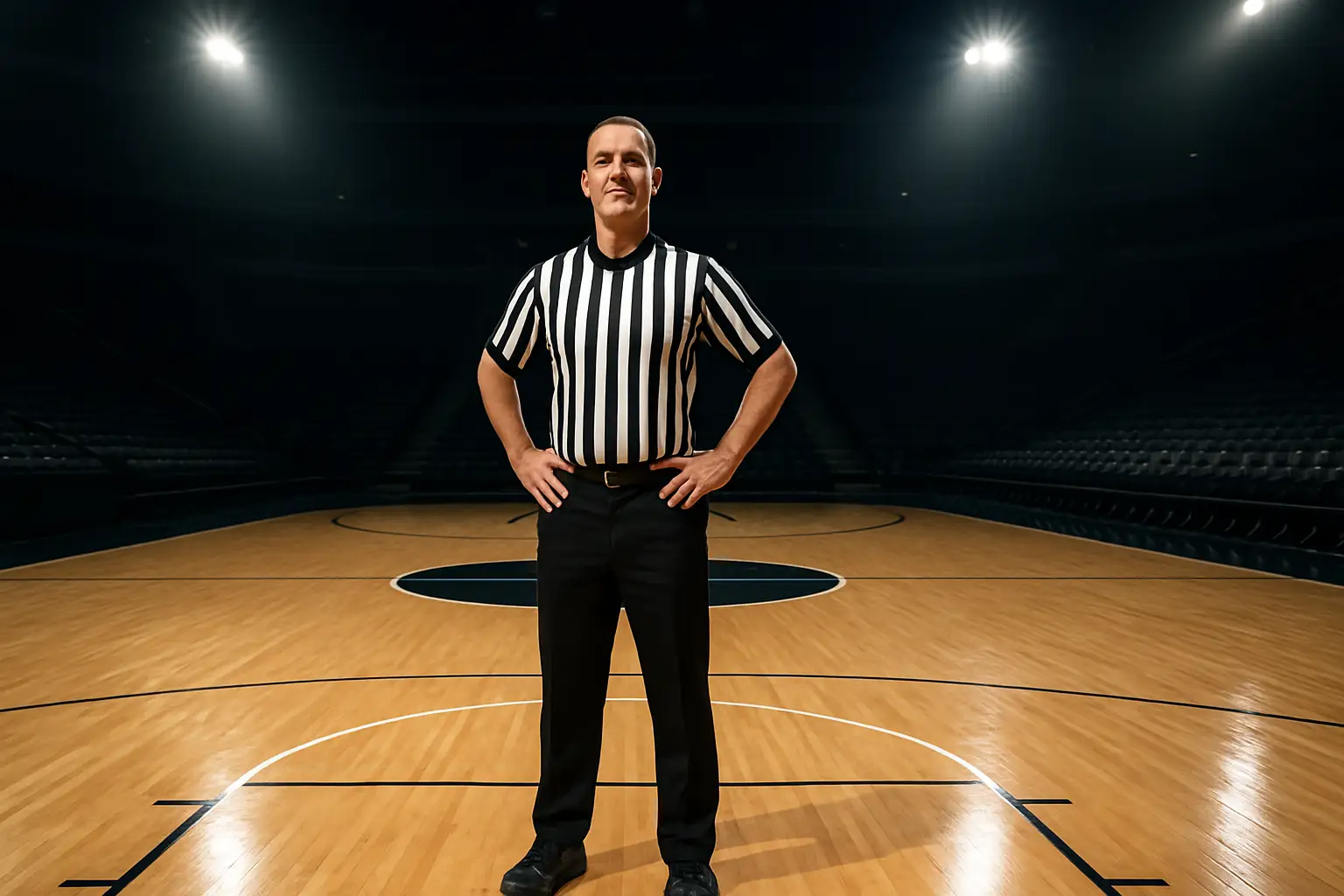 A basketball referee standing at center court under arena lights, whistle raised