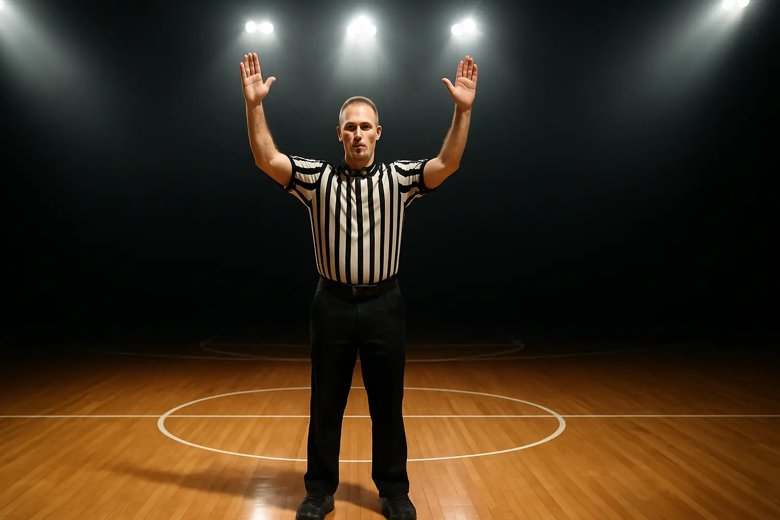 NBA referee in black and white striped uniform gesturing on a basketball court during a game