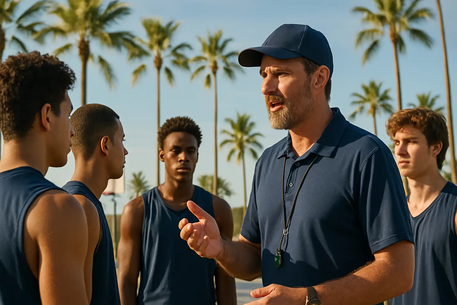 Basketball coach addressing players during an outdoor practice session in a tropical setting