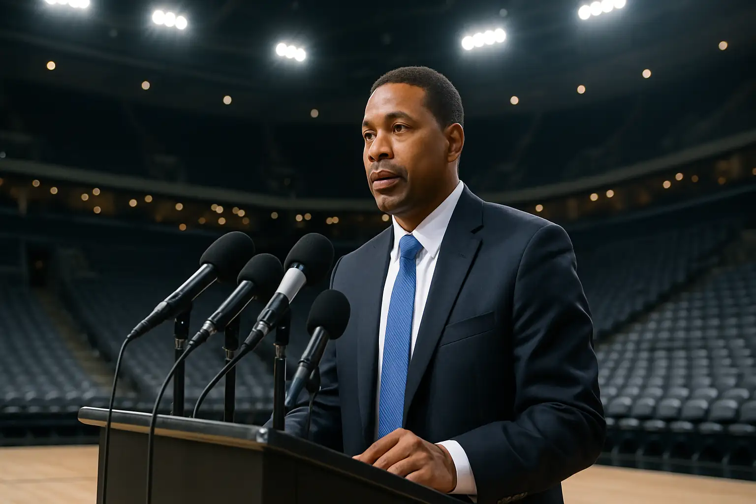 Arkansas basketball coach speaking at a press conference podium inside a college arena