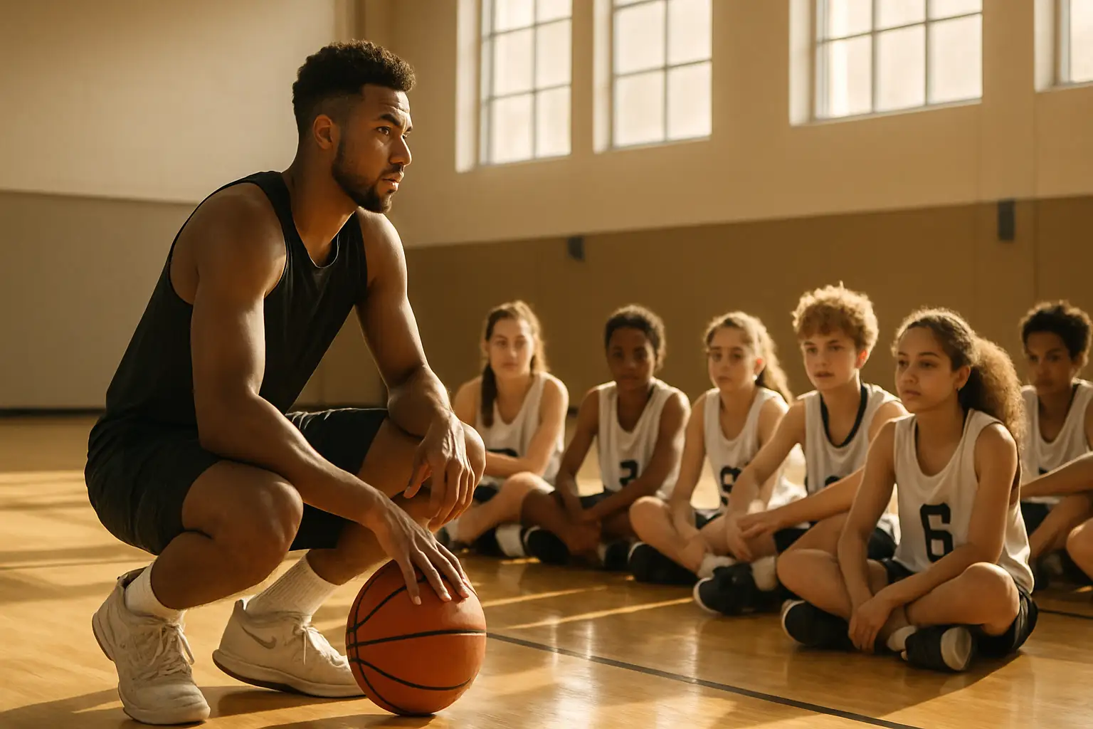 NBA player speaking to young basketball campers on an indoor court