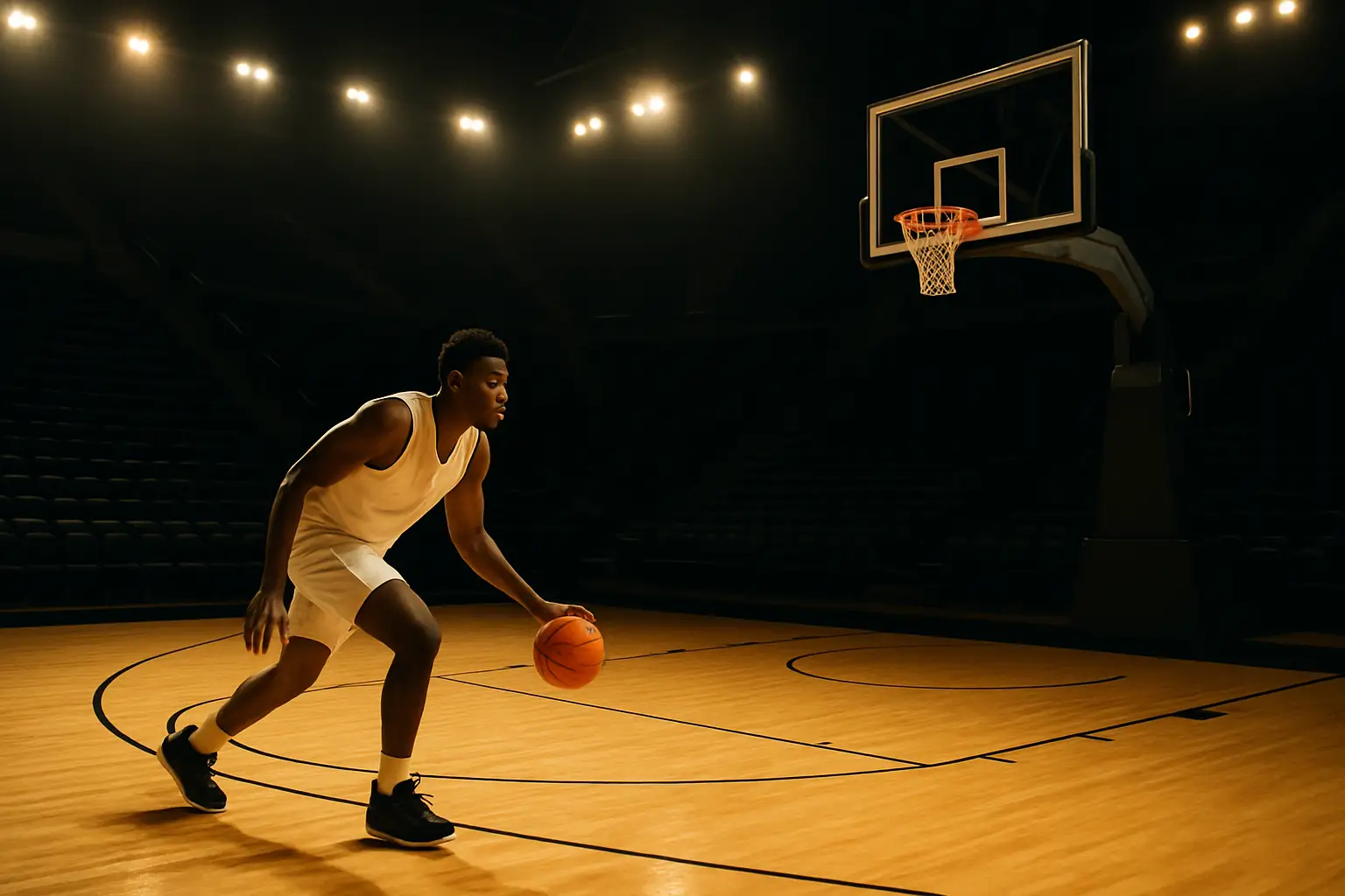 A college basketball player dribbling on an indoor court under bright arena lights