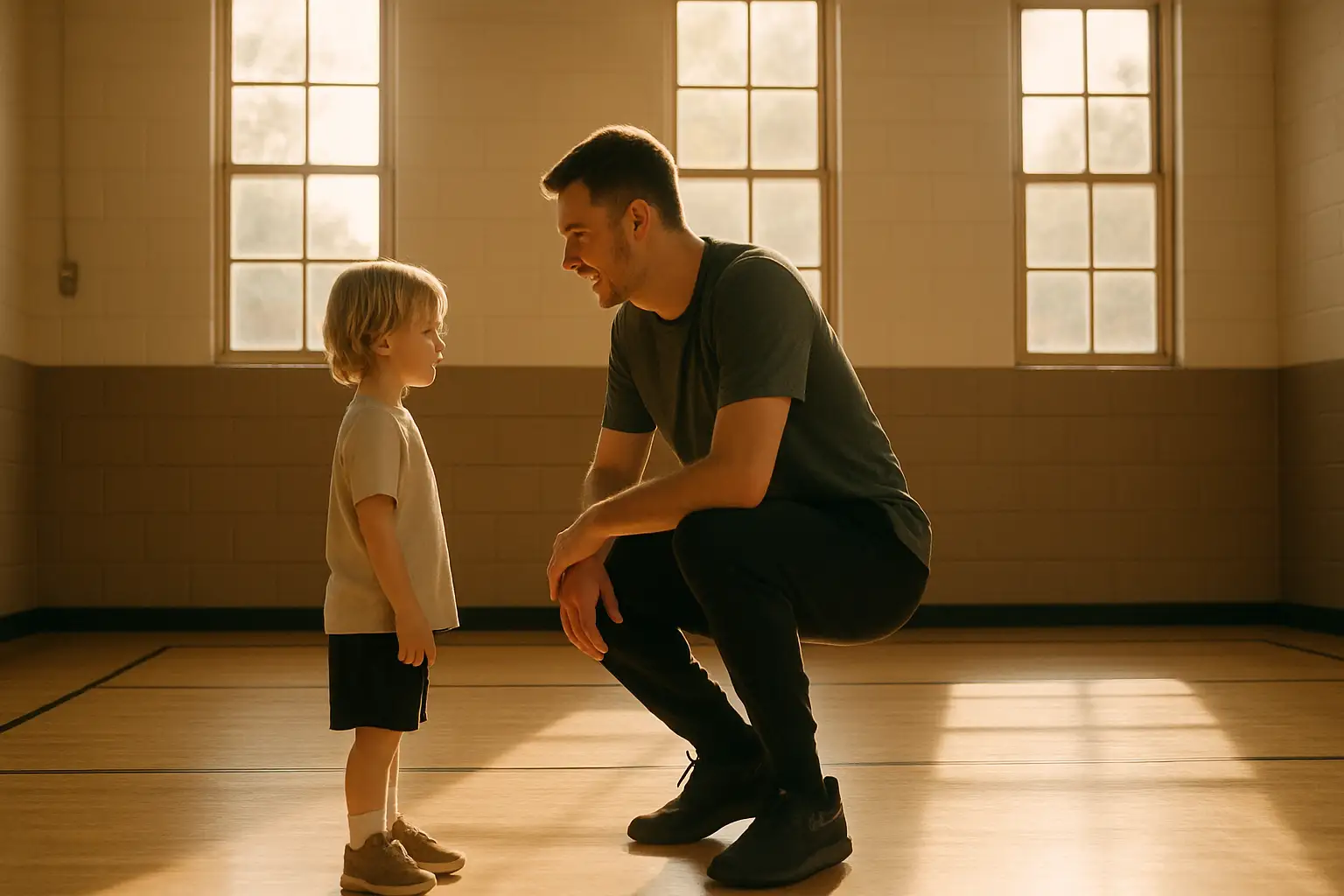 A former basketball player mentoring a young child in a community gym setting