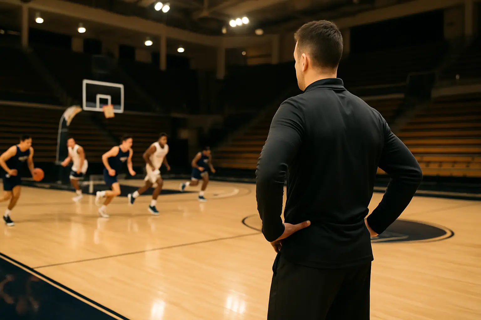 A basketball coach observing players during a team practice in an indoor arena